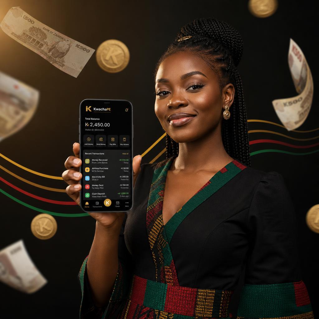 Zambian woman using KwachaPE on her phone